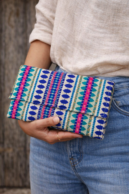 Handwoven Boho Clutch Bag with Beaded Strap – Colorful Ethnic Crossbody Purse