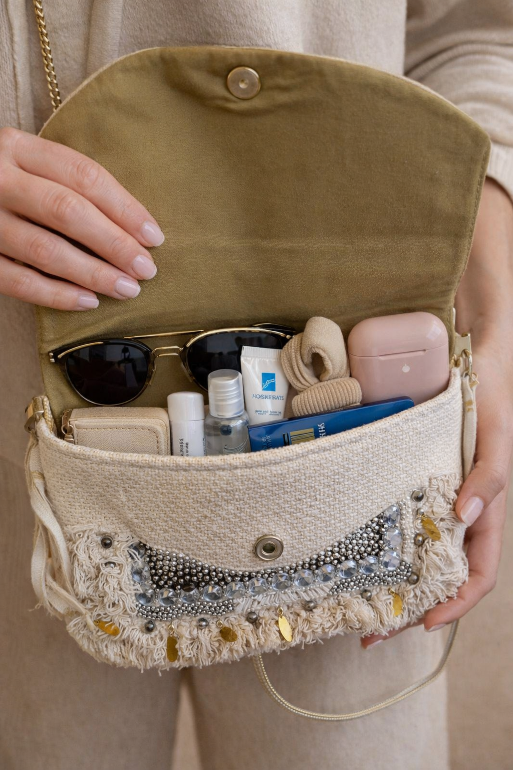 Interior view of boho clutch with lining and magnetic closure
