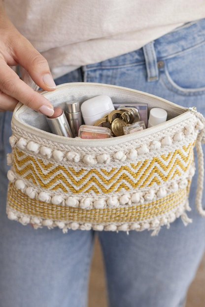 Beige & Mustard Macrame Fringe Bag