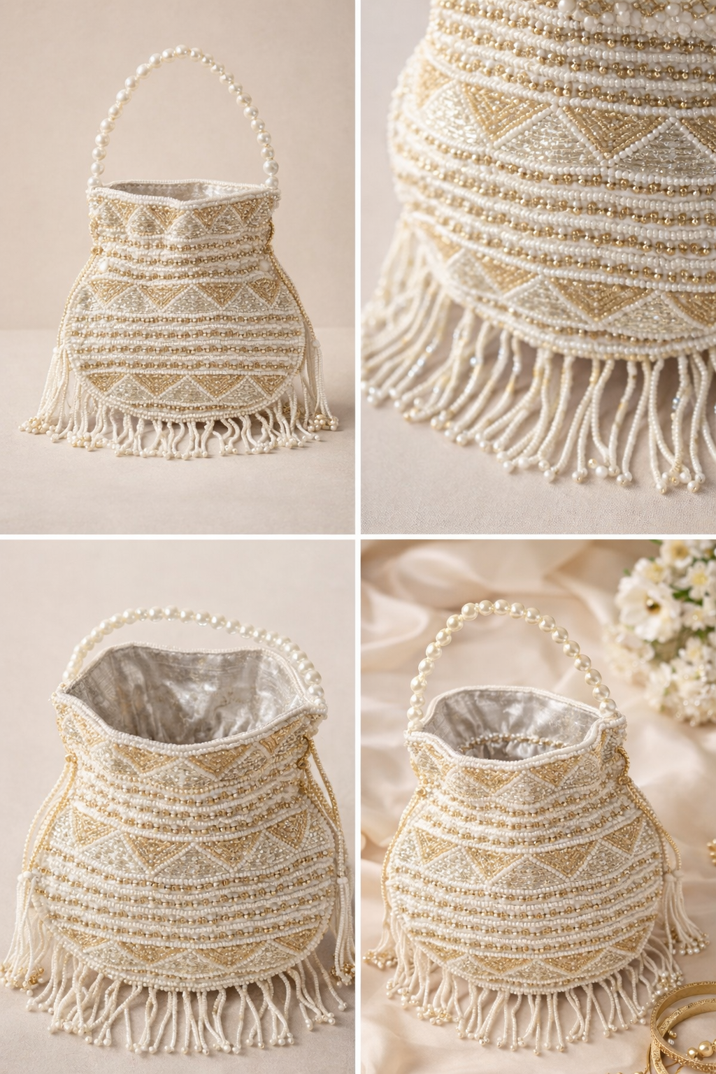 Ivory & Gold Beaded Fringe Potli Handbag