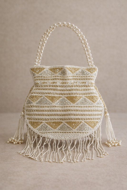 Ivory & Gold Beaded Fringe Potli Handbag