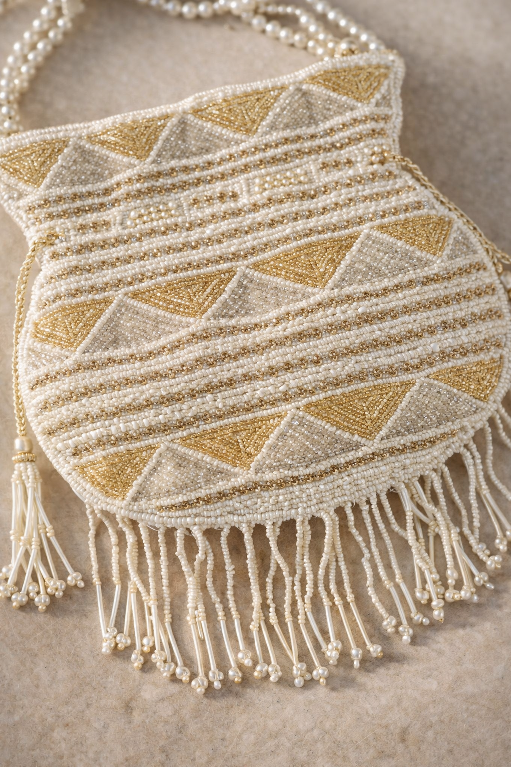 Ivory & Gold Beaded Fringe Potli Handbag