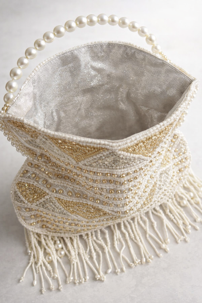Ivory & Gold Beaded Fringe Potli Handbag