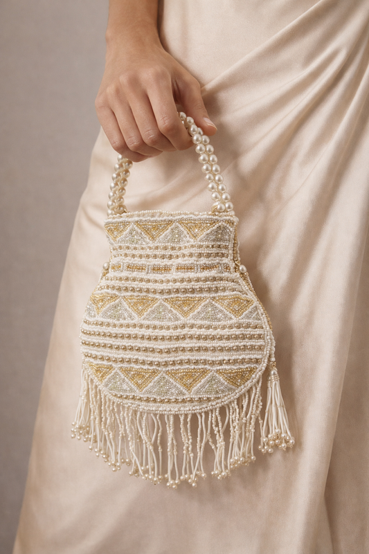 Ivory & Gold Beaded Fringe Potli Handbag