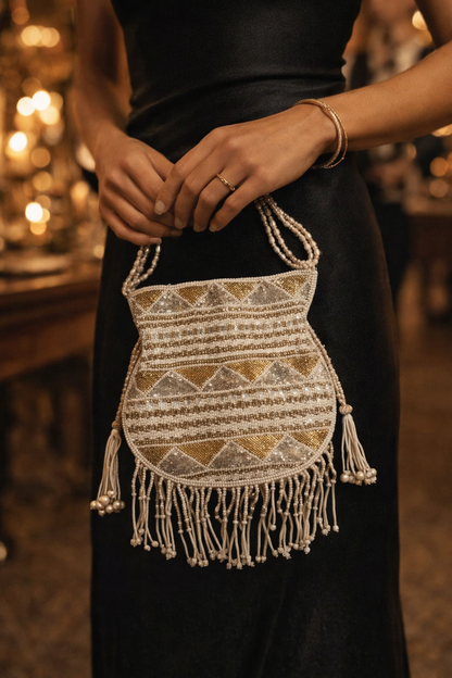 Ivory & Gold Beaded Fringe Potli Handbag
