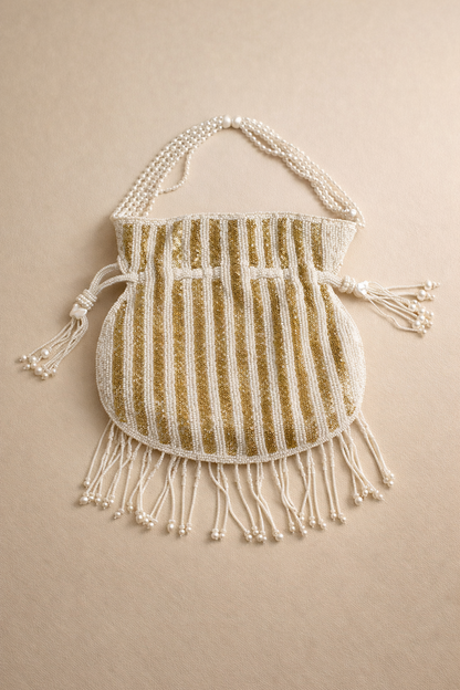 Handcrafted Pearl & Gold Beaded Potli Handbag