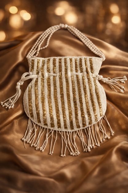 Handcrafted Pearl & Gold Beaded Potli Handbag