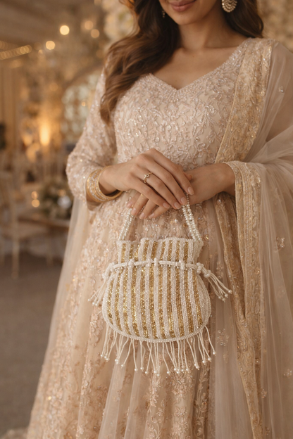 Handcrafted Pearl & Gold Beaded Potli Handbag