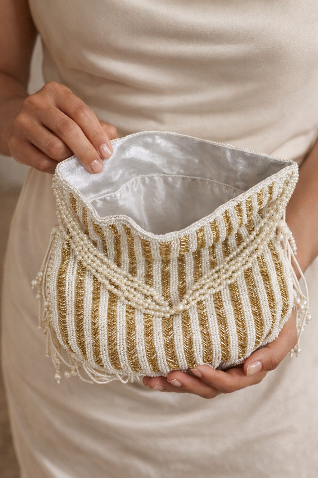 Handcrafted Pearl & Gold Beaded Potli Handbag