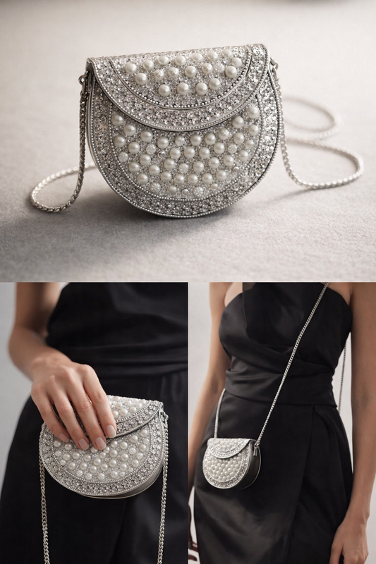 Mini Pearl Embellished Metal Clutch Bag
