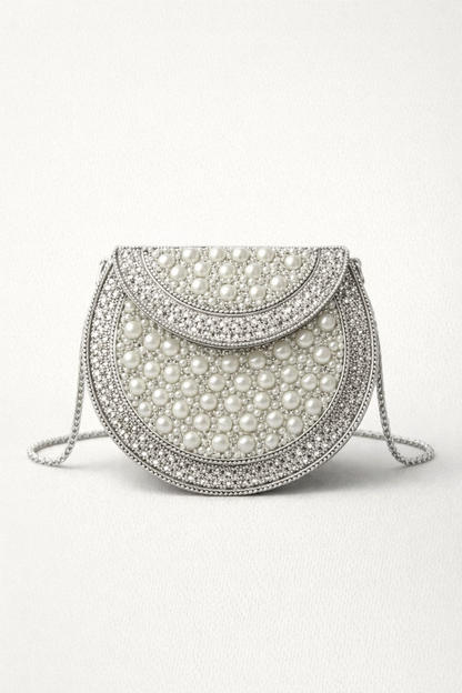 Mini Pearl Embellished Metal Clutch Bag