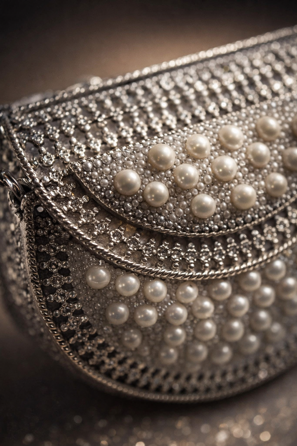 Mini Pearl Embellished Metal Clutch Bag