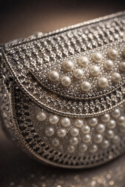 Mini Pearl Embellished Metal Clutch Bag