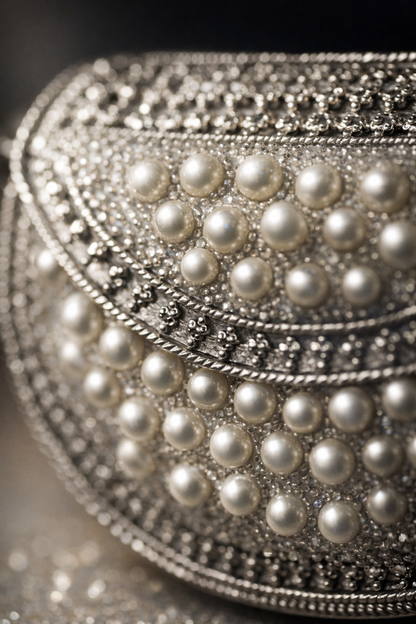 Mini Pearl Embellished Metal Clutch Bag