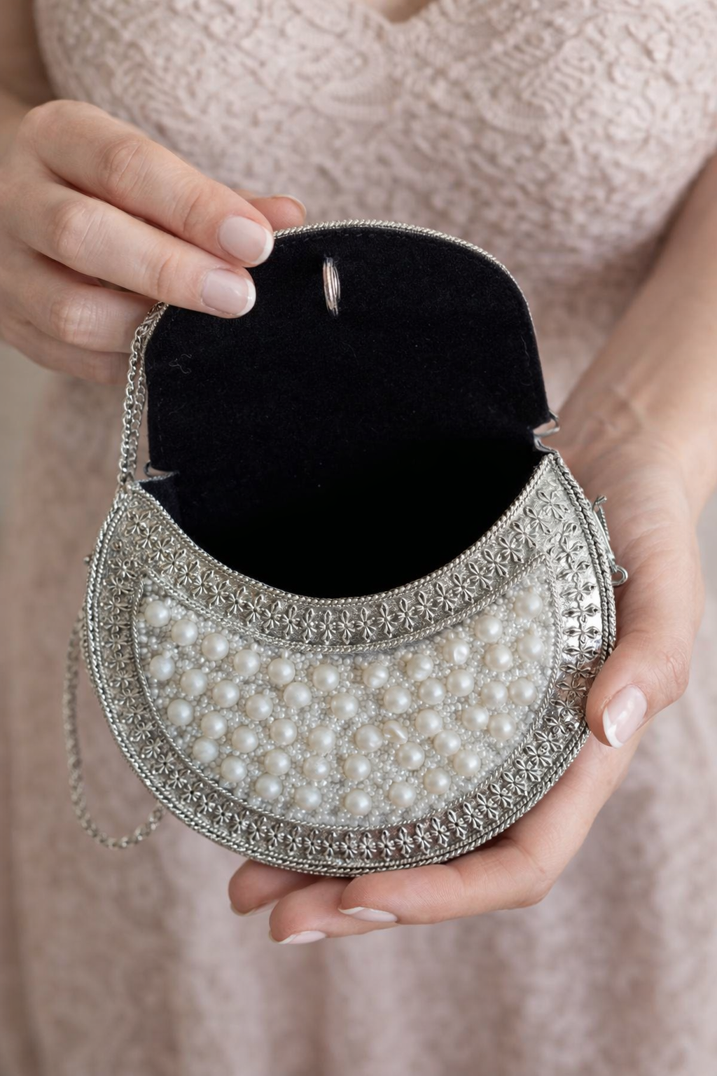 Mini Pearl Embellished Metal Clutch Bag