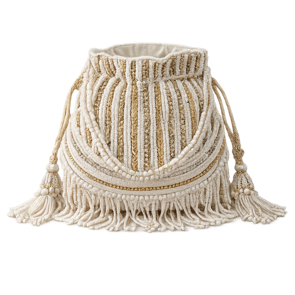 Ivory & Gold Beaded Potli Handbag with Pearl Fringe