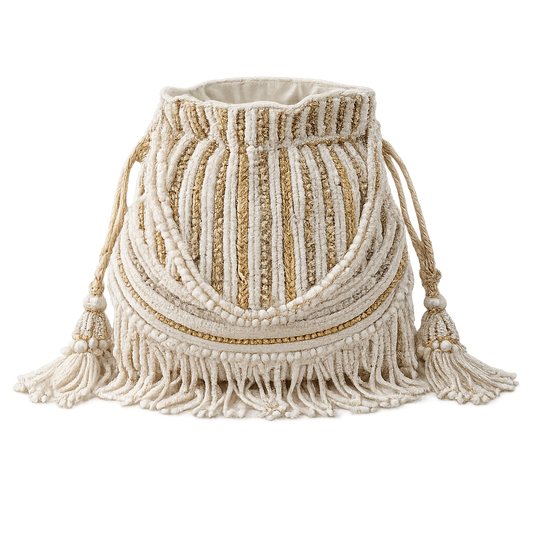 Ivory & Gold Beaded Potli Handbag with Pearl Fringe - Festive Evening Bag