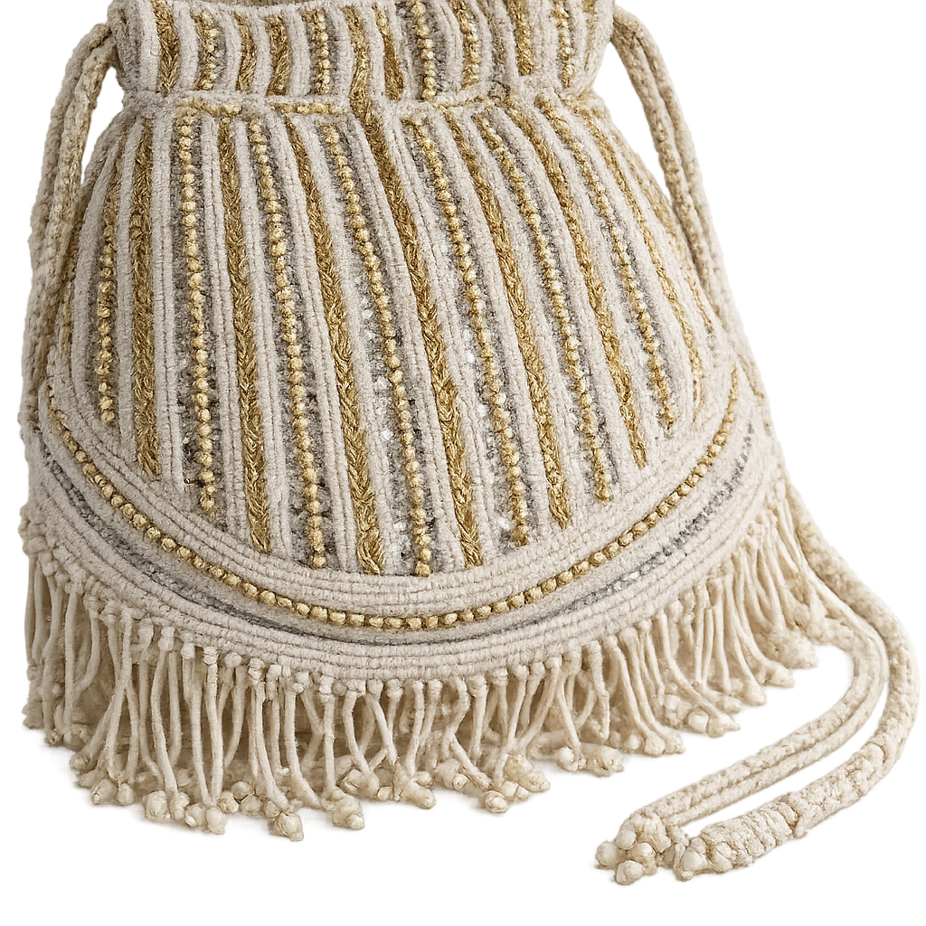 Ivory & Gold Beaded Potli Handbag with Pearl Fringe