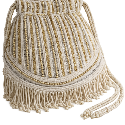 Ivory & Gold Beaded Potli Handbag with Pearl Fringe