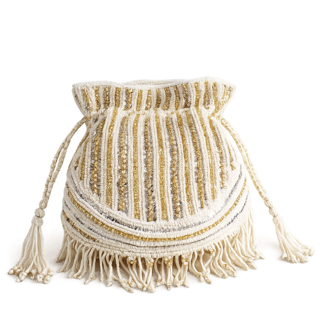 Ivory & Gold Beaded Potli Handbag with Pearl Fringe