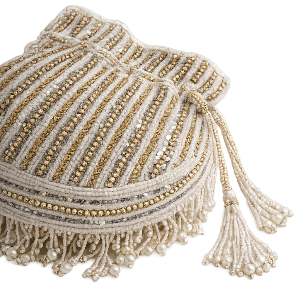 Ivory & Gold Beaded Potli Handbag with Pearl Fringe