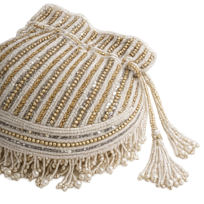 Ivory & Gold Beaded Potli Handbag with Pearl Fringe