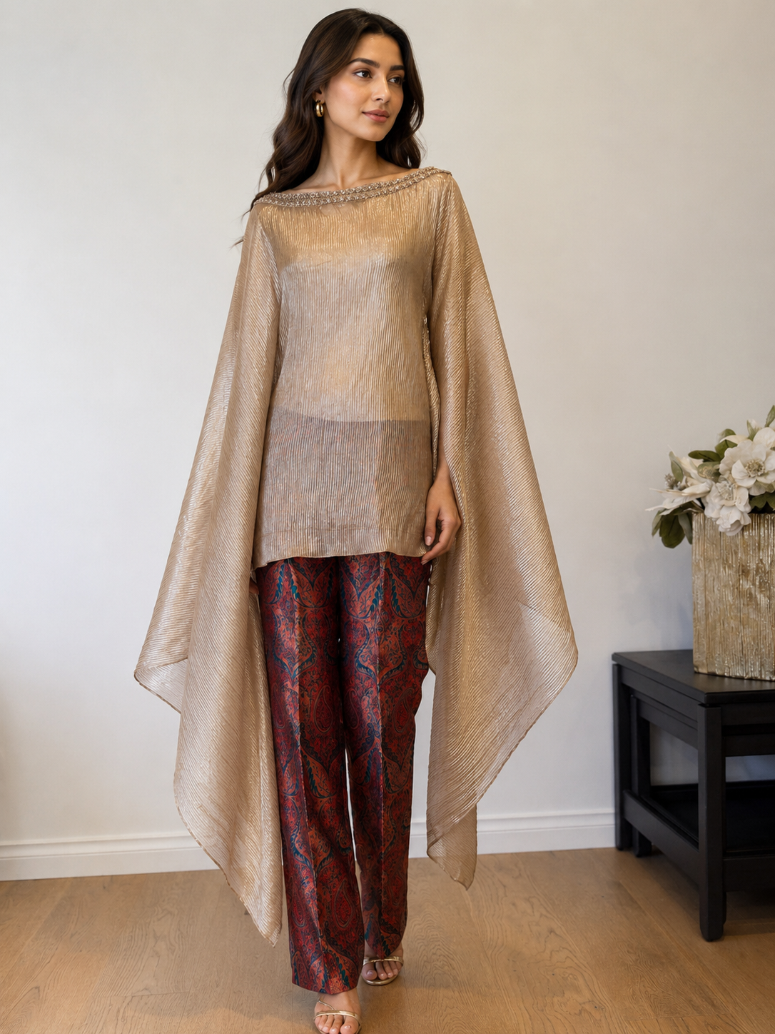 Champagne Gold Pleated  Kaftan brocade pants