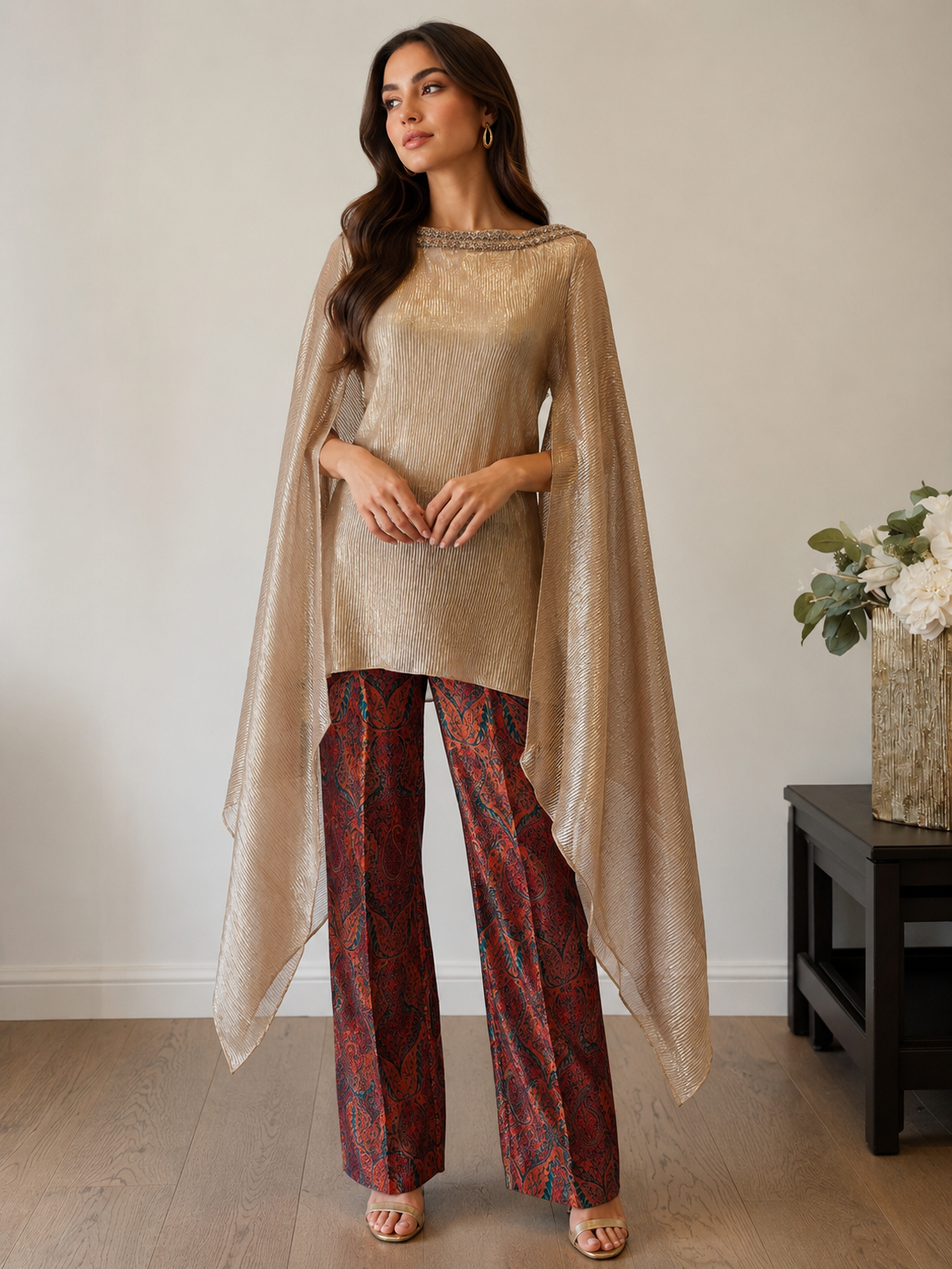 Champagne Gold Pleated  Kaftan brocade pants