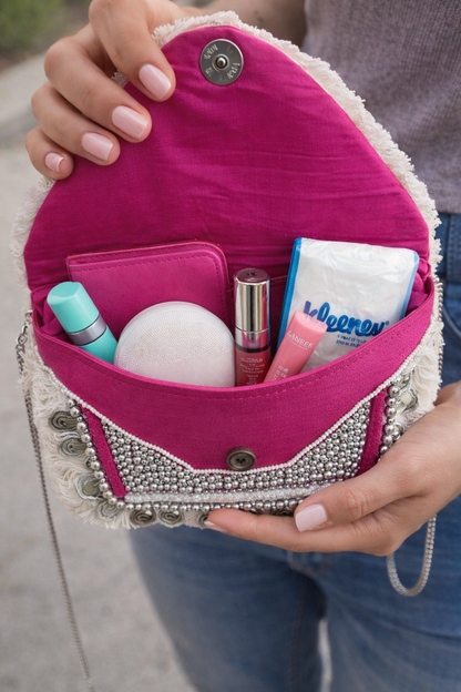 Pink Boho Embellished Clutch Bag with Coin & Fringe Detail – Handmade Crossbody Purse -7