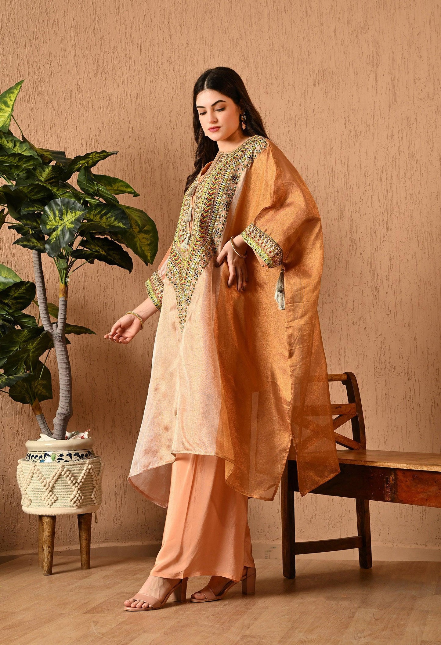 Peach Embroidered Organza Choga