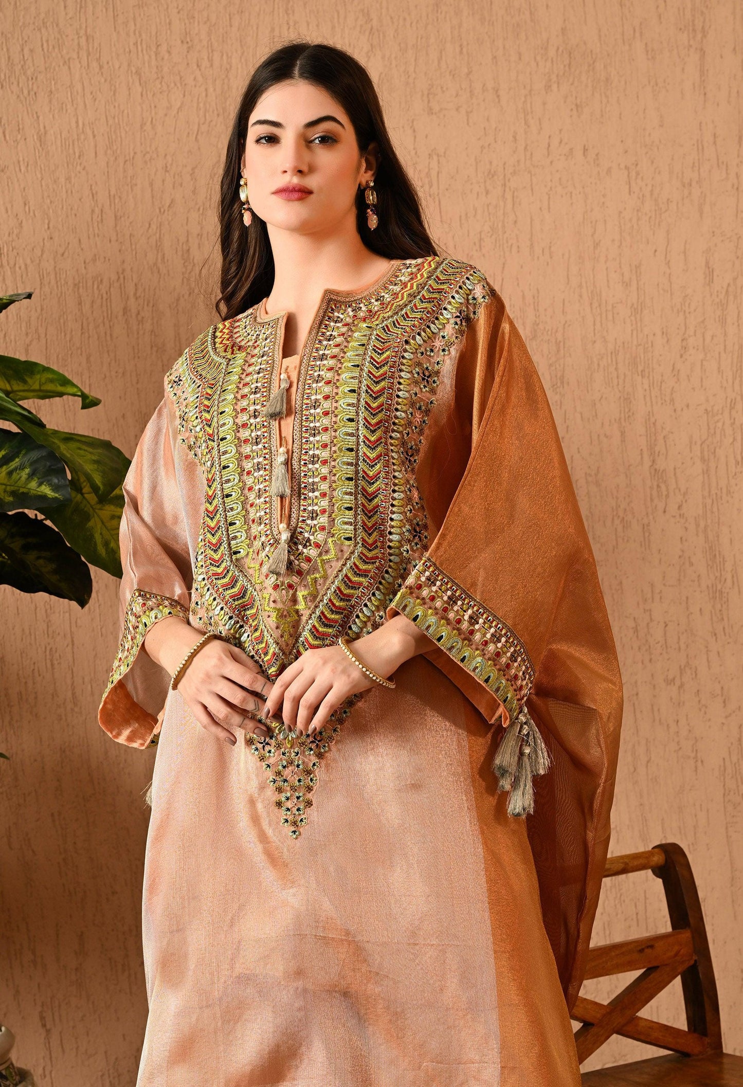 Peach Embroidered Organza Choga