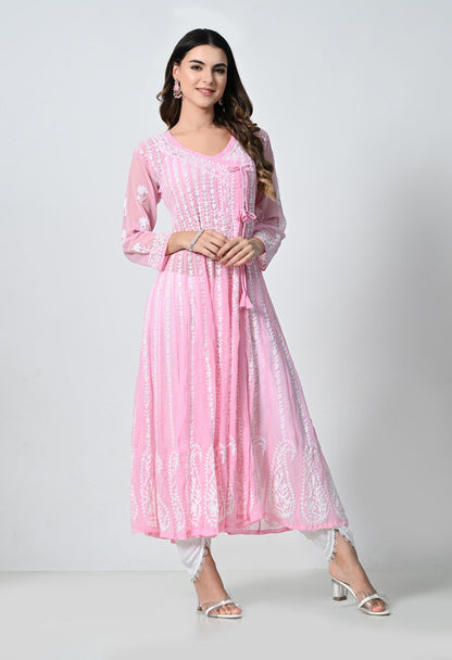 Pink Georgette Lucknowi Chikankari Embroidered Kurti