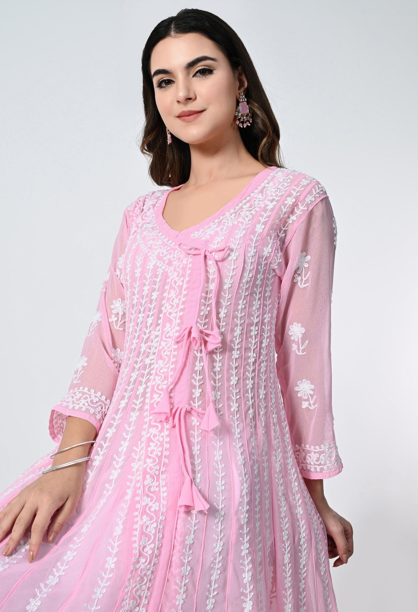 Pink Georgette Lucknowi Chikankari Embroidered Kurti