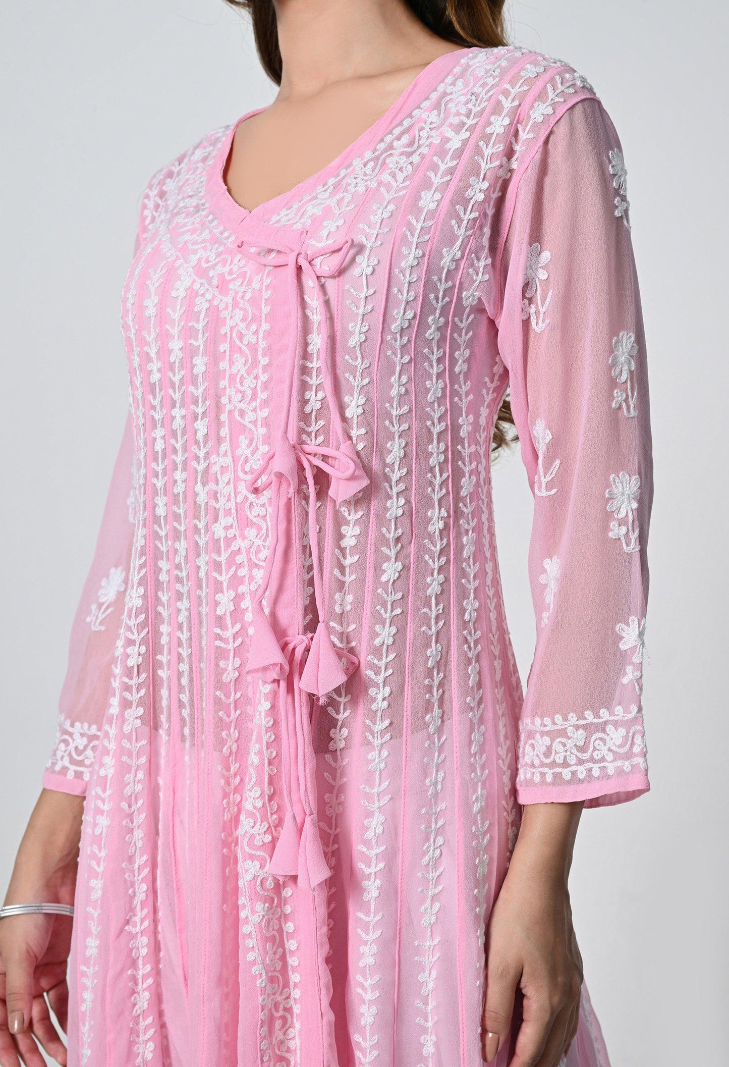 Pink Georgette Lucknowi Chikankari Embroidered Kurti