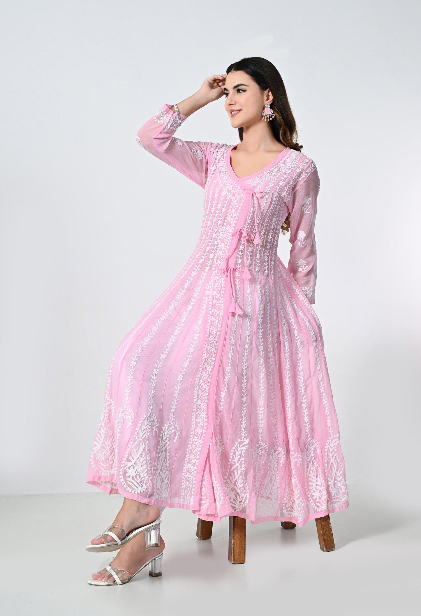 Pink Georgette Lucknowi Chikankari Embroidered Kurti