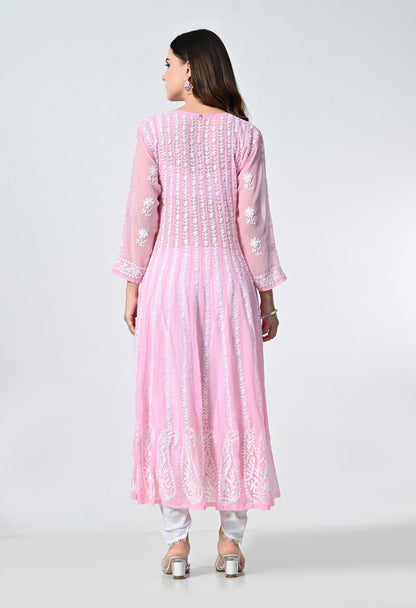 Pink Georgette Lucknowi Chikankari Embroidered Kurti