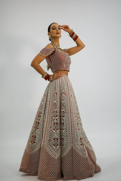 Strawberry Color Embroidered Bridal lehenga