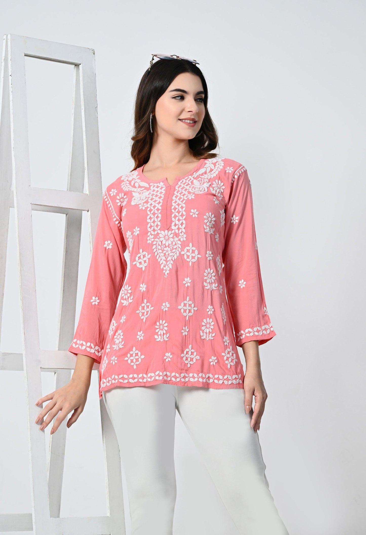 Peach Short Lucknowi Short Kurti