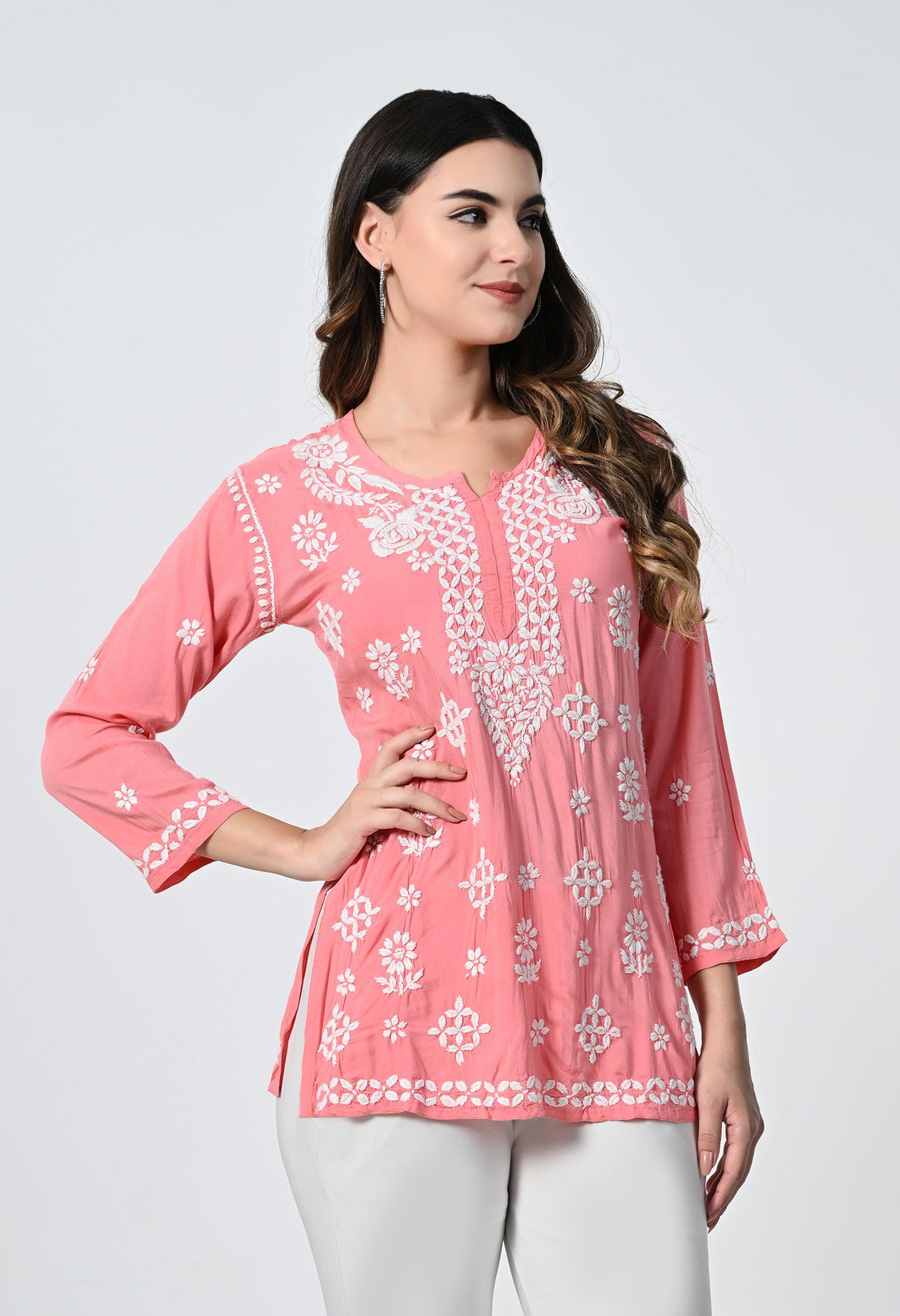 Peach Short Lucknowi Short Kurti