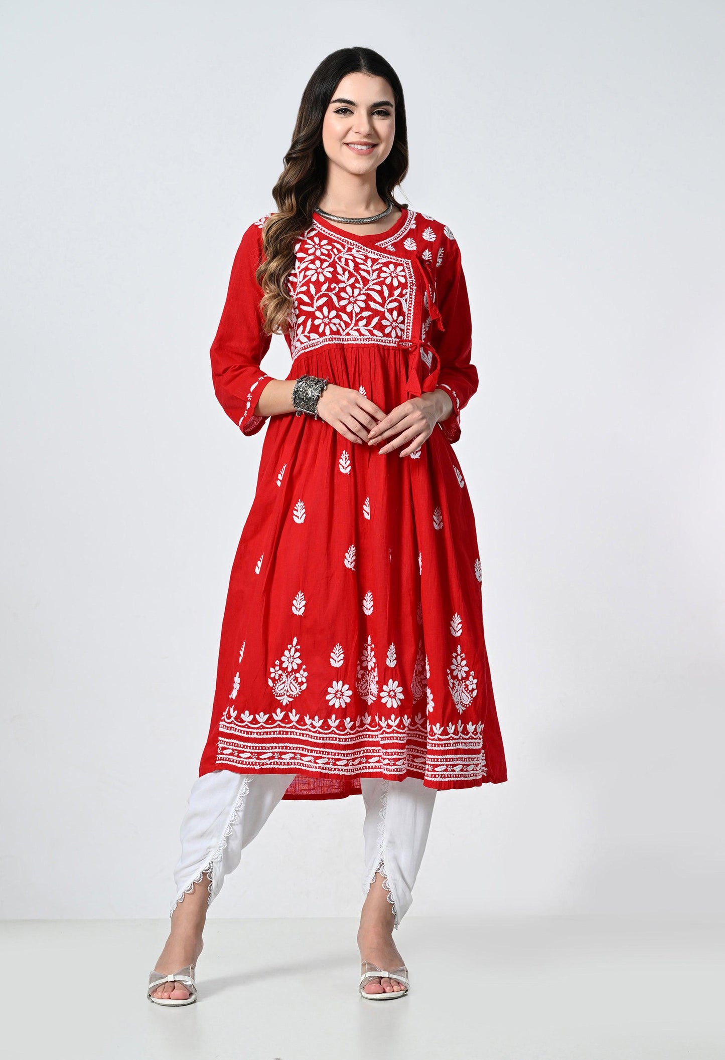 Red Cotton Angrakha Lucknowi Kurti With Tulip Pants