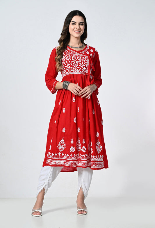 Red Cotton Angrakha Lucknowi Kurti With Tulip Pants