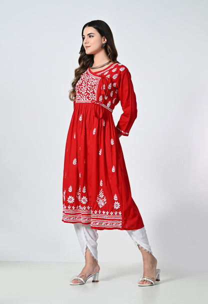 Red Cotton Angrakha Lucknowi Kurti With Tulip Pants