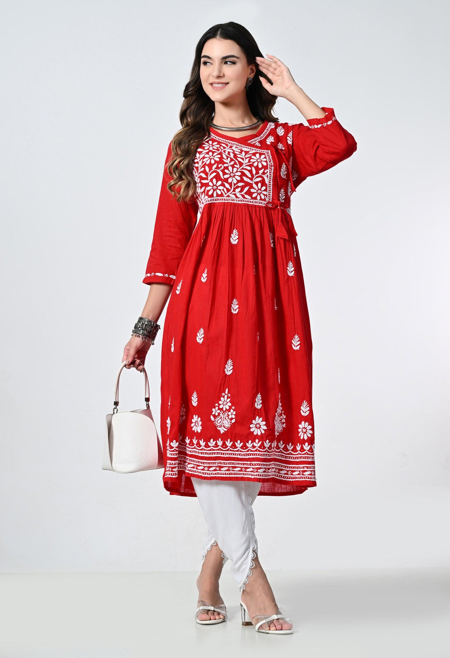 Red Cotton Angrakha Lucknowi Kurti With Tulip Pants