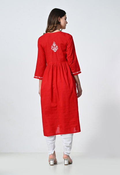 Red Cotton Angrakha Lucknowi Kurti With Tulip Pants