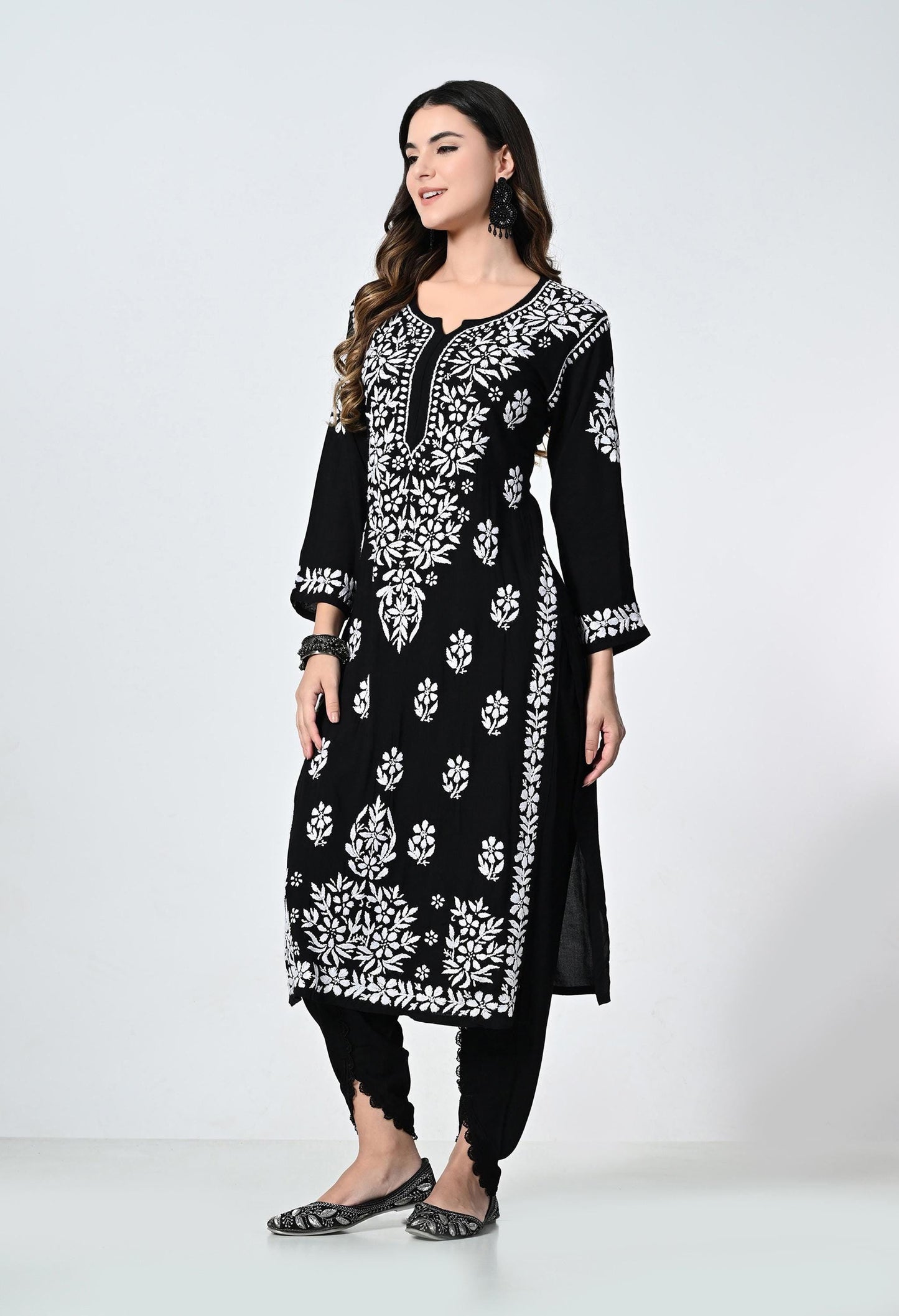 Black Lucknowi Chikankari Kurti with Tulip Pants: Indian Rayon Set