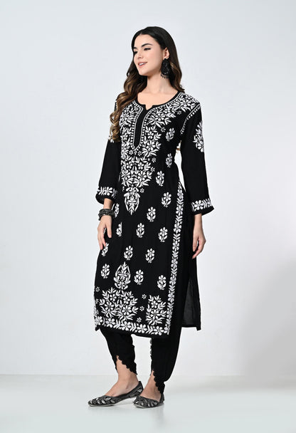 Black Lucknowi Chikankari Kurti with Tulip Pants: Indian Rayon Set