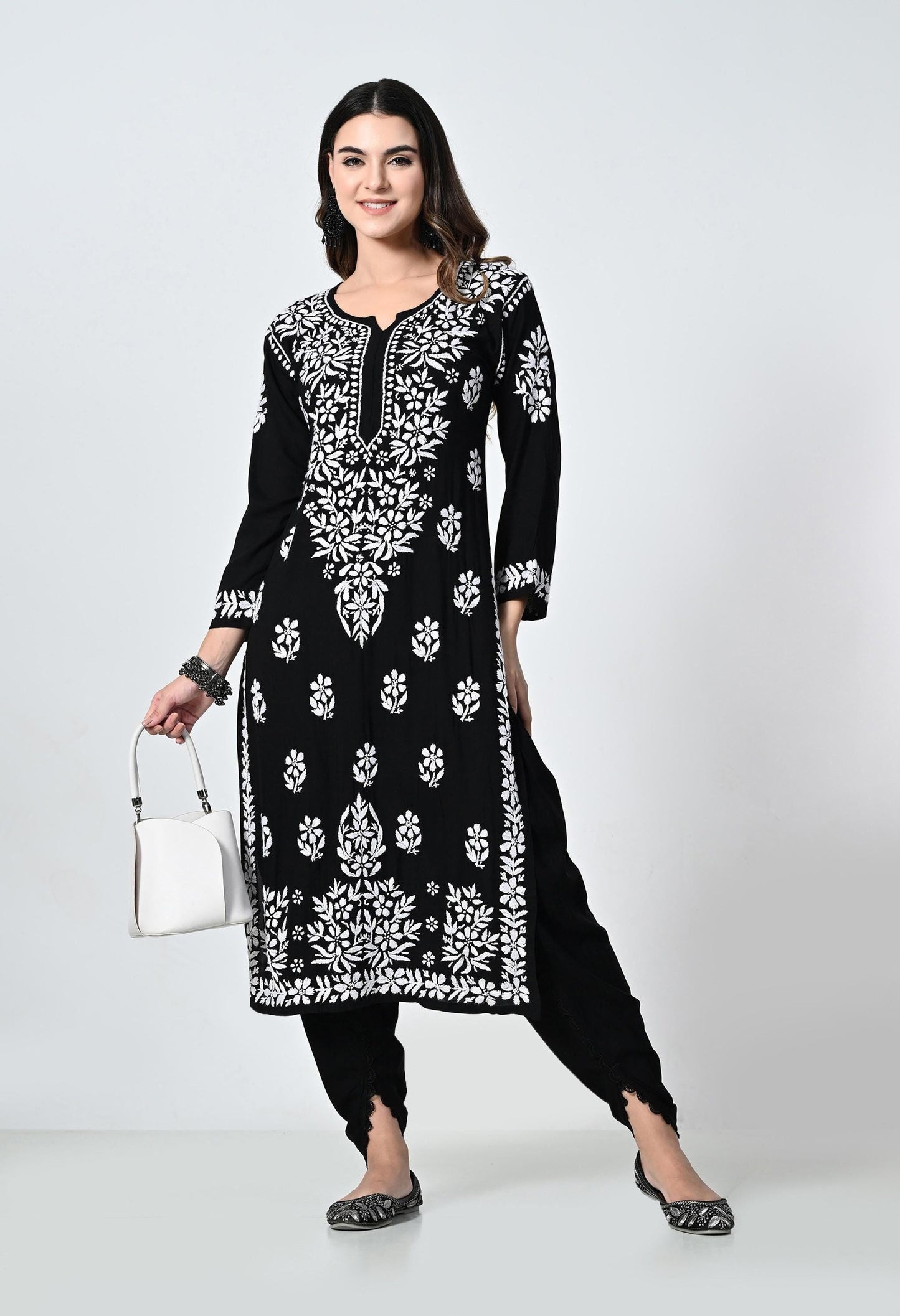Black Lucknowi Chikankari Kurti with Tulip Pants: Indian Rayon Set