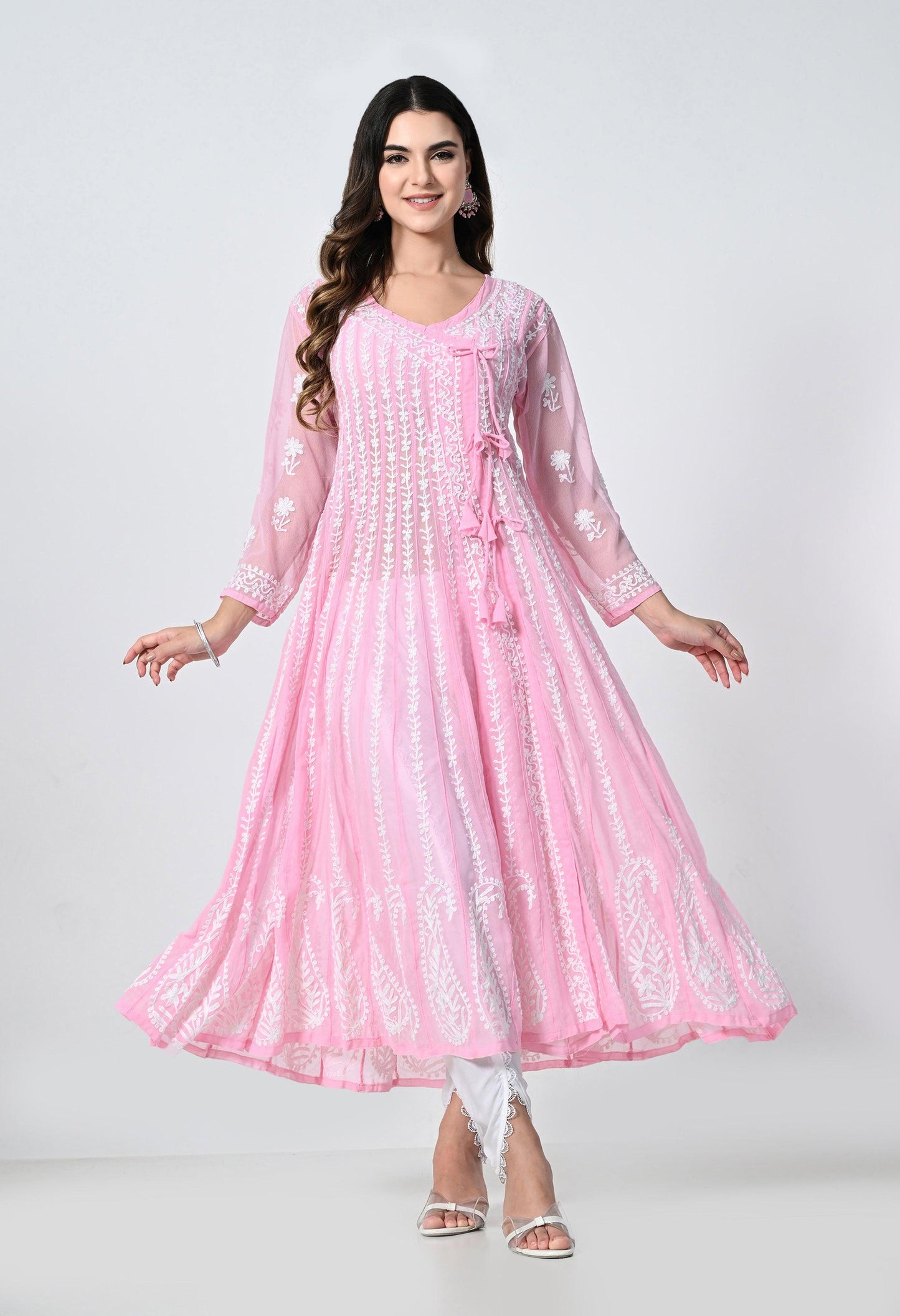 Pink Georgette Lucknowi Chikankari Embroidered Kurti