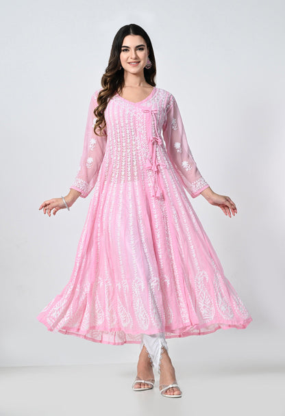 Pink Georgette Lucknowi Chikankari Embroidered Kurti