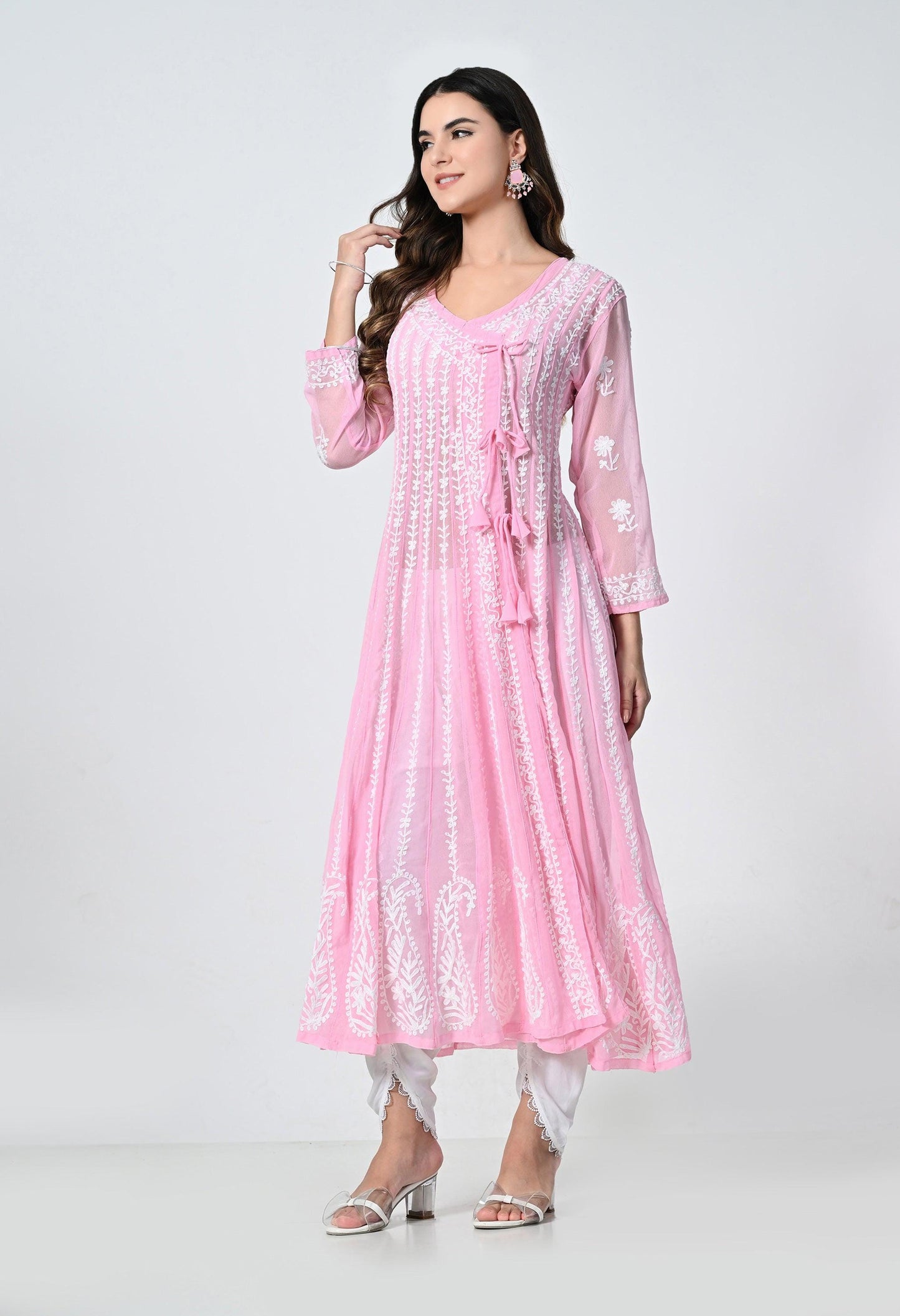 Pink Georgette Lucknowi Chikankari Embroidered Kurti